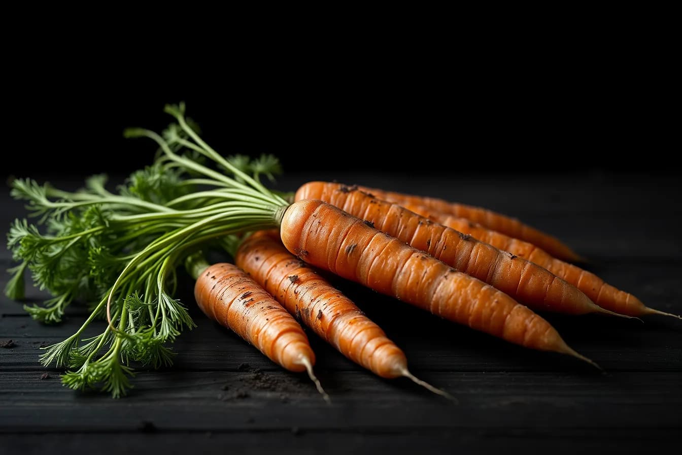 A bunch of carrots with green tops on dark weathered wood