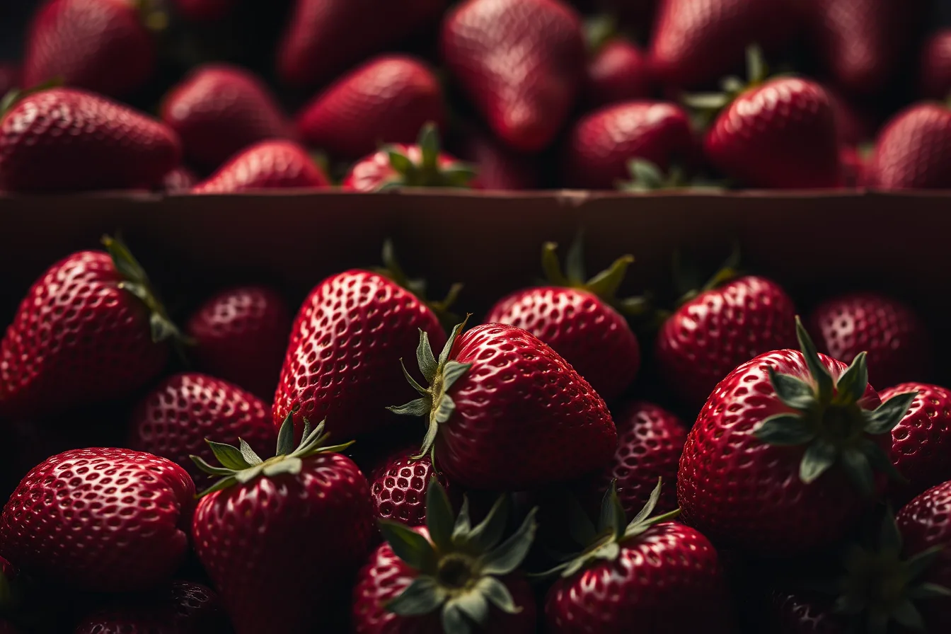 Deep red strawberries stacked in a punnet, moody light