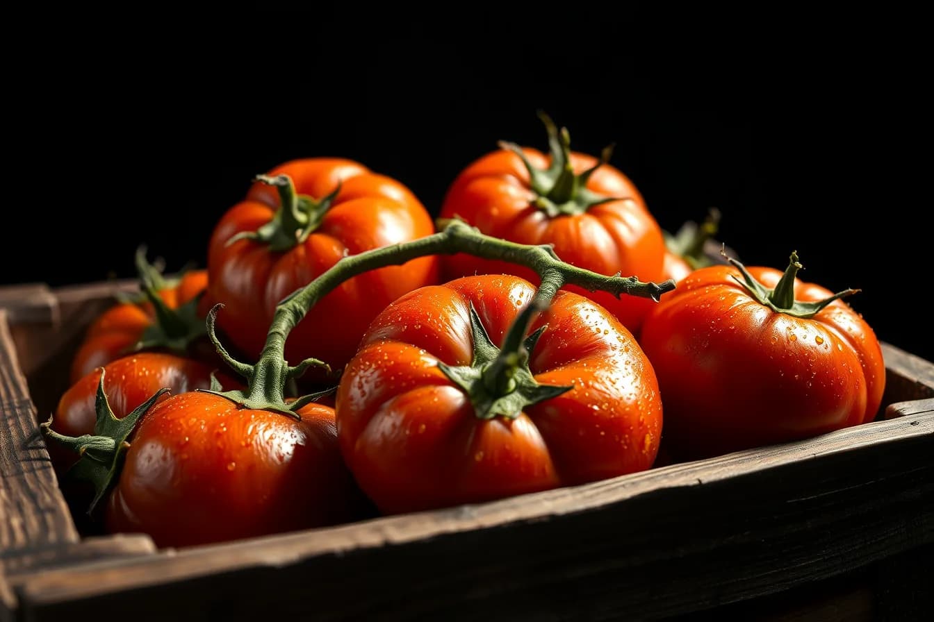 Ripe vine tomatoes in a wooden market crate under warm dawn light